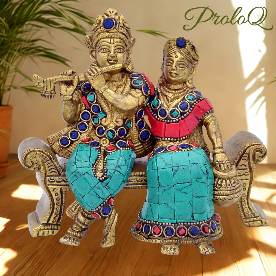 PROLOQ Radha Krishna on Bench | Handcrafted Brass Idol – Premium Gift for Wedding, Anniversary & Housewarming