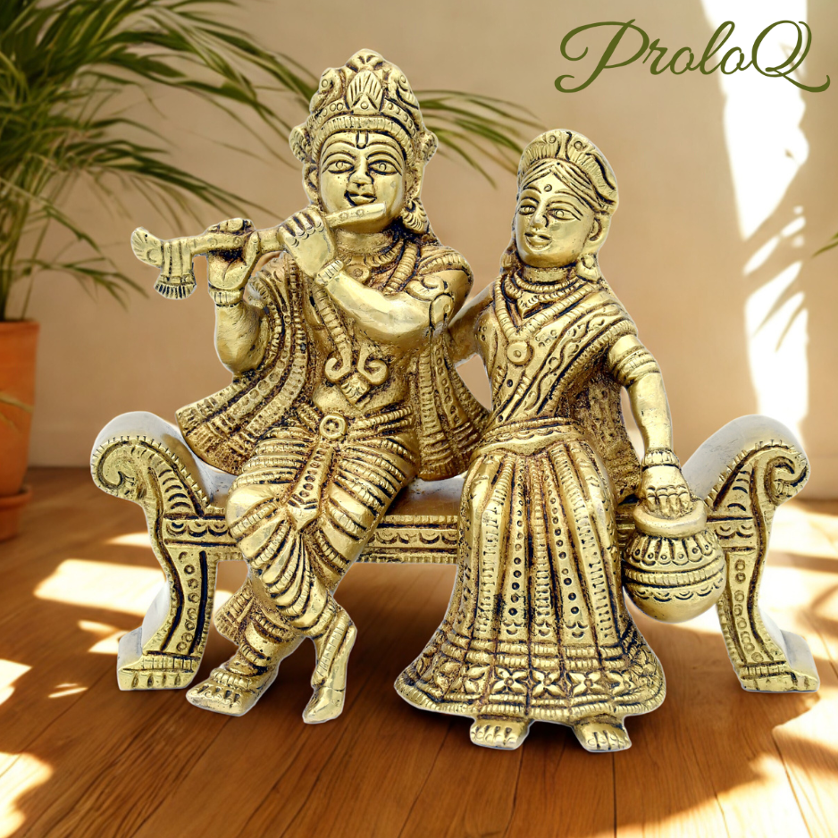 PROLOQ Radha Krishna on Bench | Handcrafted Brass Idol – Premium Gift for Wedding, Anniversary & Housewarming