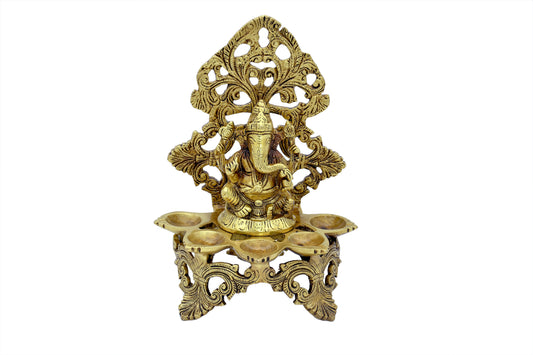 PROLOQ Brass Ganesha Idol with Diya Stand | Handcrafted Pooja Deepak – Gift for Mandir & Housewarming