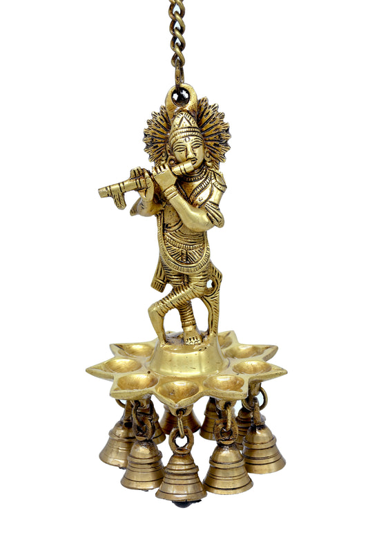 PROLOQ Brass Hanging Krishna Idol with Bells | Handcrafted Decorative Pooja Hanging