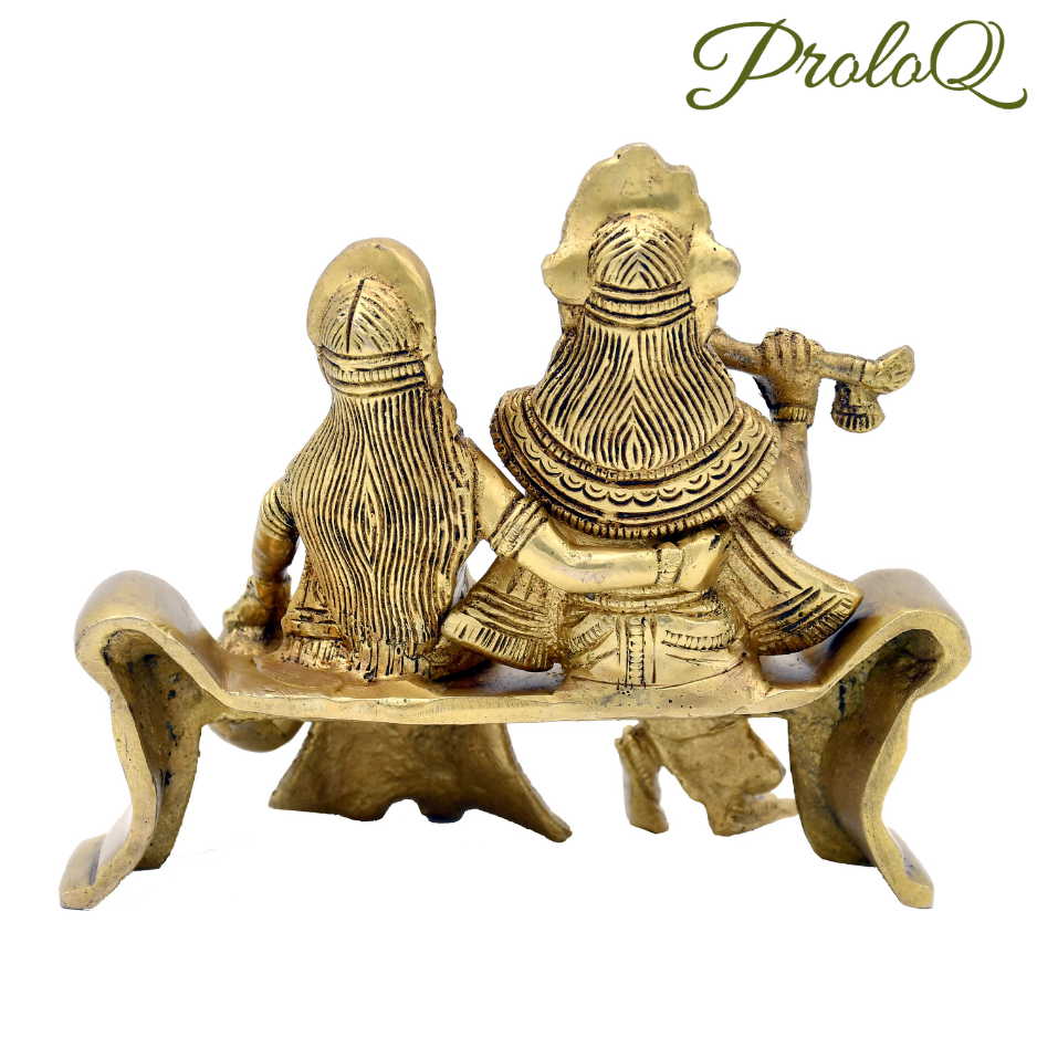 PROLOQ Radha Krishna on Bench | Handcrafted Brass Idol – Premium Gift for Wedding, Anniversary & Housewarming